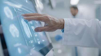 Medical professional interacts with digital medical imaging interface. Advanced healthcare diagnostics through high-tech, touchscreen technology in a modern lab setting.