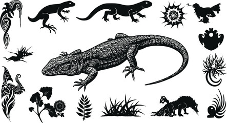 Lizard gecko salamander frog silhouettes, reptile vector illustrations, tribal nature artwork, wildlife design, decorative animal tattoo elements