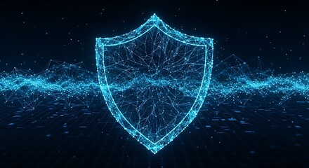 A glowing blue shield formed by connected dots and lines over a grid on a dark background