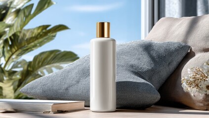 Blank bottle of lotion on a windowsill with pillows and plants.