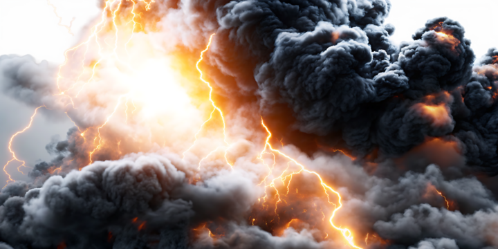 Bright lightning bolt through dark storm clouds isolated on a transparent background.PNG