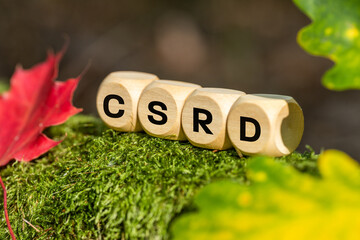  CSRD. Corporate Sustainability Reporting Directive. Wooden blocks and CSRD Symbol. autumn colors. European Union Act, Reporting by on the environment, society, and corporate governance.