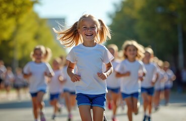Happy young girl runs in kids race outdoors. Many children participate in fun run event. Kids enjoy healthy sport activity in bright morning sun. Group of active youth trains on road, promoting