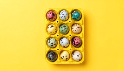 Overhead view of a yellow egg carton filled with a dozen speckled, colorful eggs, set against a yellow background