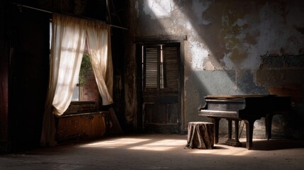 An old, dusty room with an antique piano and faded curtains, bathed in the soft glow of sunlight. The paint on the cracked walls is peeling. Nostalgia for past eras, evoking feelings of melancholy.