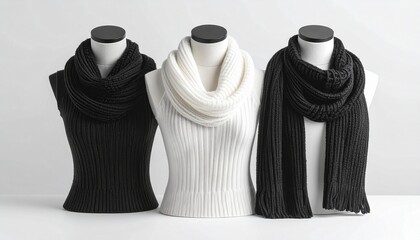 Three mannequins in white tank tops styled with ribbed scarves in monochrome tones, showcasing minimalist fashion accessory pairings.