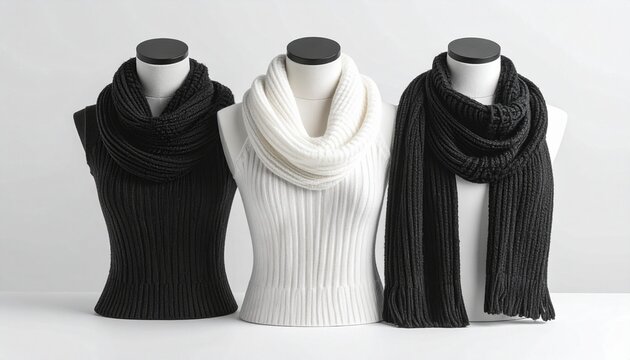 Three mannequins in white tank tops styled with ribbed scarves in monochrome tones, showcasing minimalist fashion accessory pairings.