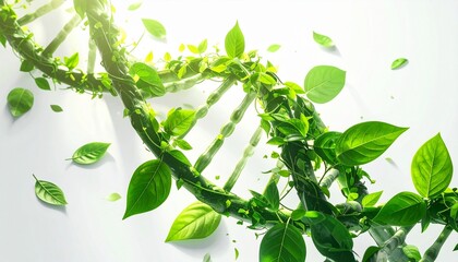DNA double helix formed from green leaves and vines, glowing in bright light to symbolize plant genetics, bioengineering, and nature-science fusion.