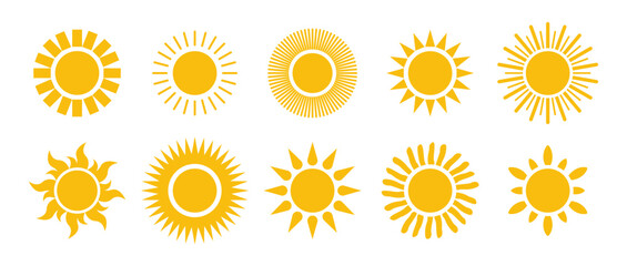 Yellow sun icons with various ray patterns. Sunrise, Sunset, Sunburst, Sun Shine. Hot solar energy. Weather apps, summer themes, climate, travel. Vector illustration isolated on white