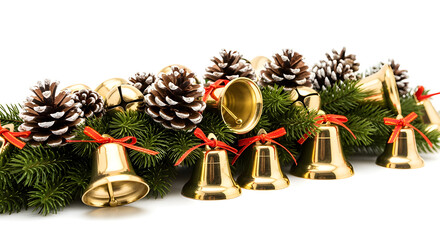 Festive holiday decoration with golden bells, pine cones, and evergreen branches, creating a cheerful atmosphere. This image captures the essence of winter holidays, filled with joy, merriment.