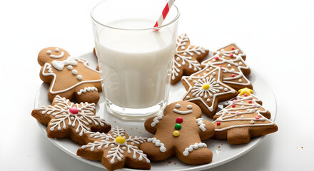 A plate of delicious gingerbread cookies and a glass of milk with a striped straw. It's a cozy and festive scene, perfect for the holiday season