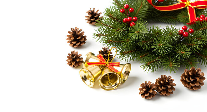 A beautiful Christmas wreath adorned with golden bells and pinecones. The festive decoration features a vibrant red ribbon and berries - Powered by Adobe