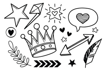 Hand Drawn Icons of Crown, Star, Feather, and Arrows on White Background Keywords: doodle, drawing, illustration