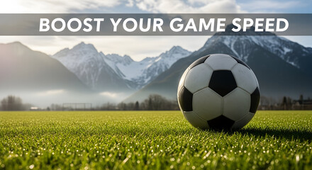 A soccer ball rests on a vibrant green grass field with majestic snow-capped mountains and a misty valley in the background under a bright sky.