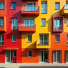 Bright colorful apartment building. Modern architecture facade with geometric shapes. Exterior walls red yellow orange colors. Windows, balconies present. Sunny day light shadows enhance forms