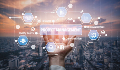 A captivating image showcasing a hand reaching out to digital icons representing project management...