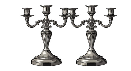 Vintage ornate candelabra pair in retro engraving art style