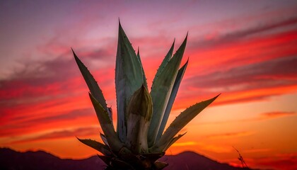 Silhouette of spiky agave plant against a vibrant, fiery sunset sky over a rolling mountain range. Clouds are streaks of color