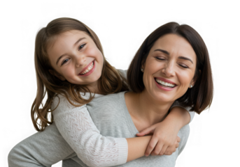 Happy mother and daughter hugging isolated on transparent background in studio