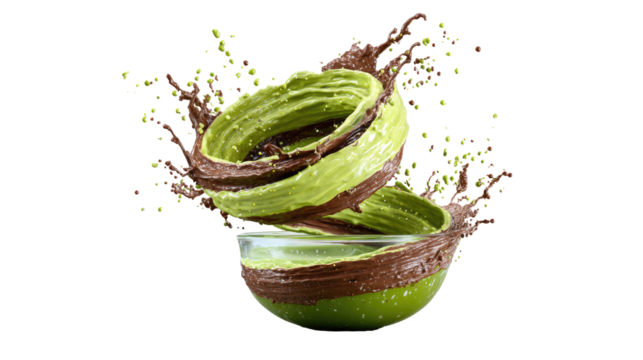 Whipped green & brown dessert swirls in splash