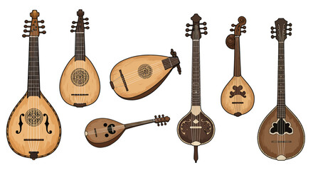 Naklejka premium Collection of stringed lutes: traditional musical instrument art in detailed…