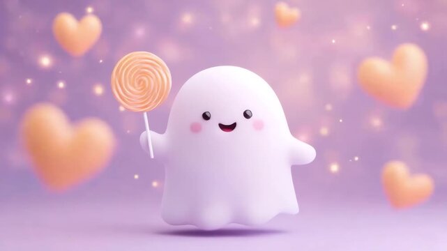 Smiling cartoon ghost character holding an orange swirl lollipop with glowing heart shapes floating around on a soft purple background.
