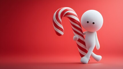 Cute 3D Character Hugging a Festive Candy Cane Against a Red Backdrop Perfect for Holiday Greetings and Sweet Treats Promotions