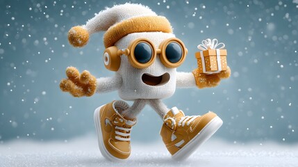 Adorable knitted character brings winter cheer with gift, spreading joy and holiday magic, perfect for festive promotions and heartwarming winter content