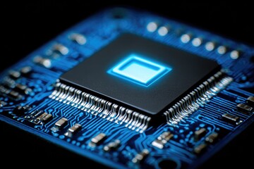Macro shot of a computer processor chip on a circuit board, glowing blue on black