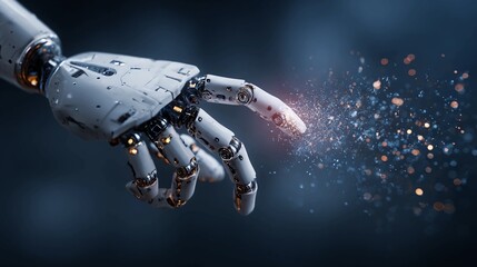 Captivating bionic hand reaching out, its index fingertip radiating brilliant digital particles, embodying advanced AI, innovation, and the cutting-edge future of technology.