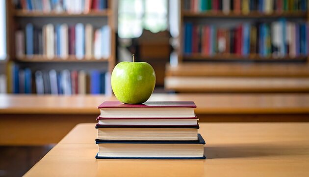 Stacked books topped with a green apple sit on a wooden table in a library, with blurred shelves in the background - Powered by Adobe