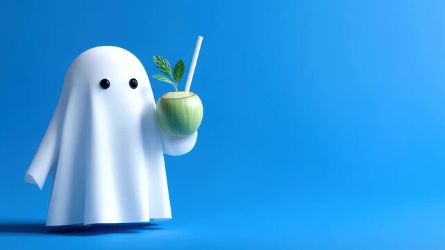 Minimalistic white ghost character holding a green coconut with straw and mint leaves, isolated on a vibrant blue backdrop.