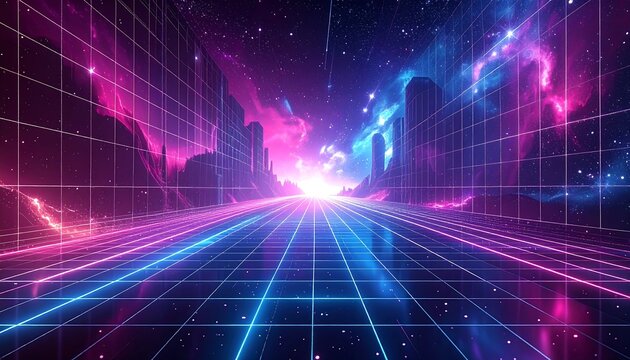 A neon-lit futuristic cityscape with a grid overlay, bathed in vibrant blues and pinks under a cosmic sky - Powered by Adobe