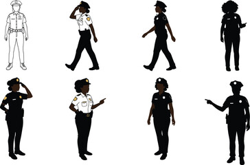 Obraz premium police, officer, worker, silhouette, uniform, hat, baton, salute, authority, law, enforcement, justice, security, protection, occupation, profession, vector, illustration, patrol, duty, activity