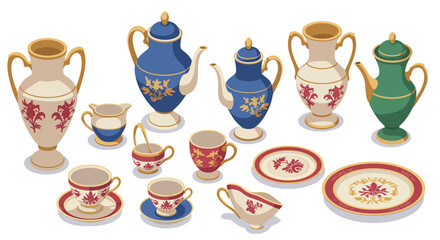 Elegant ceramic tea set with ornate patterns in isometric style