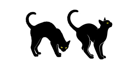 Spooky Black Cat Silhouette with Glowing Eyes, Vector Illustration