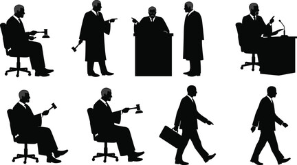 judge, lawyer, worker, silhouette, robe, gavel, podium, briefcase, law, court, justice, authority, legal, vector, illustration, courtroom, decision, trial, judiciary, verdict, profession
