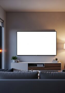 Modern living room evening interior with a large blank white screen TV mockup on the wall, perfect for showcasing content, streaming, or smart home interfaces in a cozy, contemporary setting