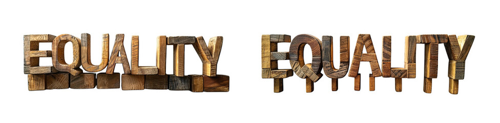 The word equality spelled out with rustic, weathered metal letters, isolated on transparent background