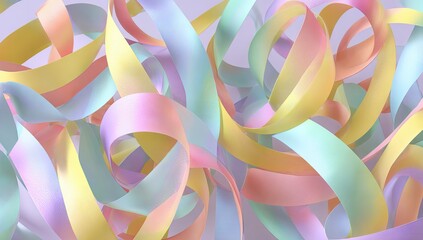 Pastel ribbons, intertwined and floating against a soft lavender backdrop, creating a whimsical effect