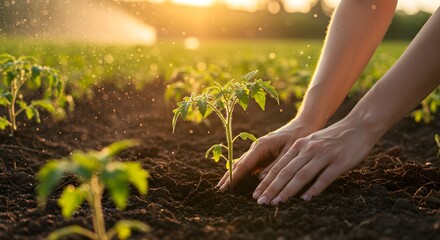 Fototapeta premium Planting Seedlings at Sunset Cultivating a New Garden Under the Golden Sunlight