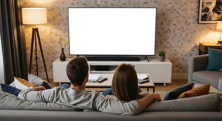 A young couple sits together on a comfortable couch in their modern living room, watching a large television with a blank white screen perfect for mockups