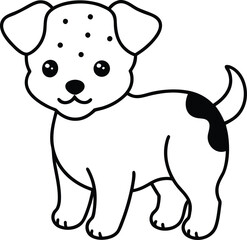 A cute cartoon vector illustration of a happy domestic dog or puppy silhouette and a black and white farm animal like a cow or bull