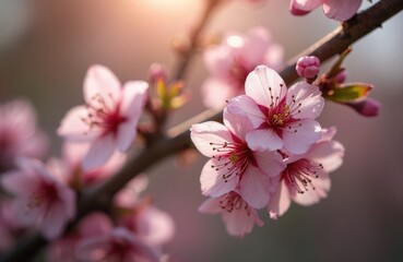 Close up photo of cherry blossoms on a branch. Delicate pink flowers with red centers. The spring season flower photo can be used for a variety of purposes.