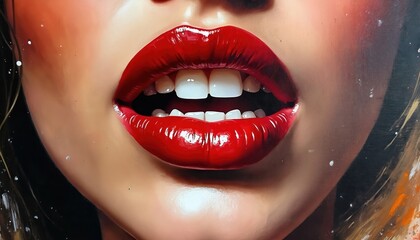 Obraz premium Close up of open mouth with glossy red lips and white teeth. Artistic watercolor splash background with paint strokes and splatters. Glamour and beauty concept.
