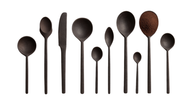 Dark-colored, various-sized spoons and a knife, arranged in a row