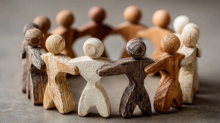 Diverse wooden figures holding hands in a circle, symbolizing unity, teamwork, and community support, perfect for representing inclusion and global connection