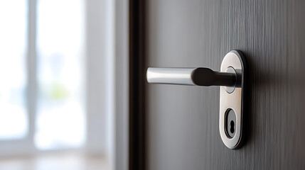A modern door with a sleek metal handle, partially open to a bright room. Clean lines and minimalist design.
