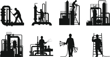 Industrial workers silhouettes with hard hats, machinery, pipes, valves, ladders, control panels, inspection, maintenance, supervision, factory operations, engineering tasks
