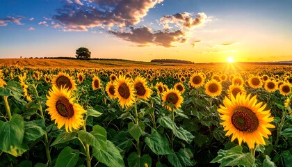 Obraz premium Vast sunflower field bathed in golden light during sunset. Bright sun peeks through fluffy clouds creating a tranquil landscape